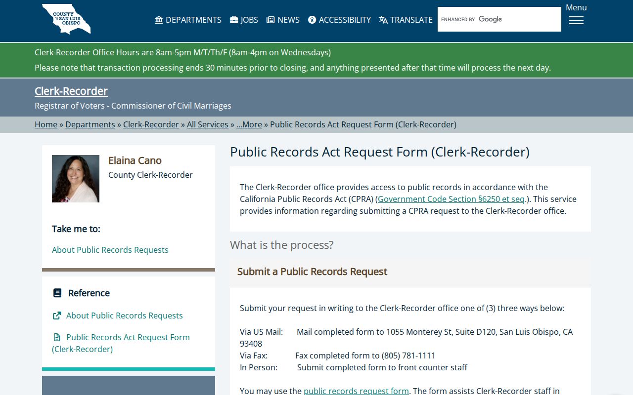 San Luis Obispo public records Clerk-Recorder request form instructions