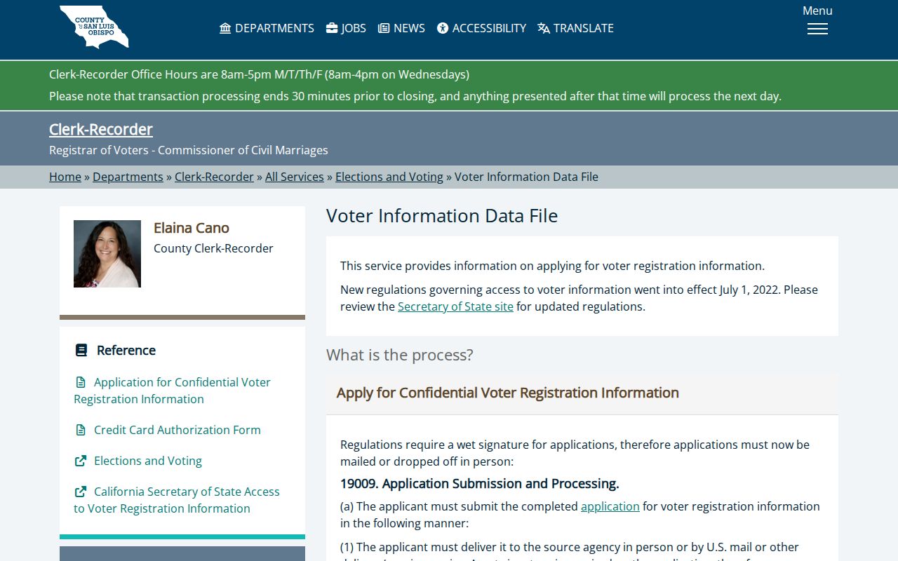 San Luis Obispo voter records data file request instructions from the County Clerk-Recorder