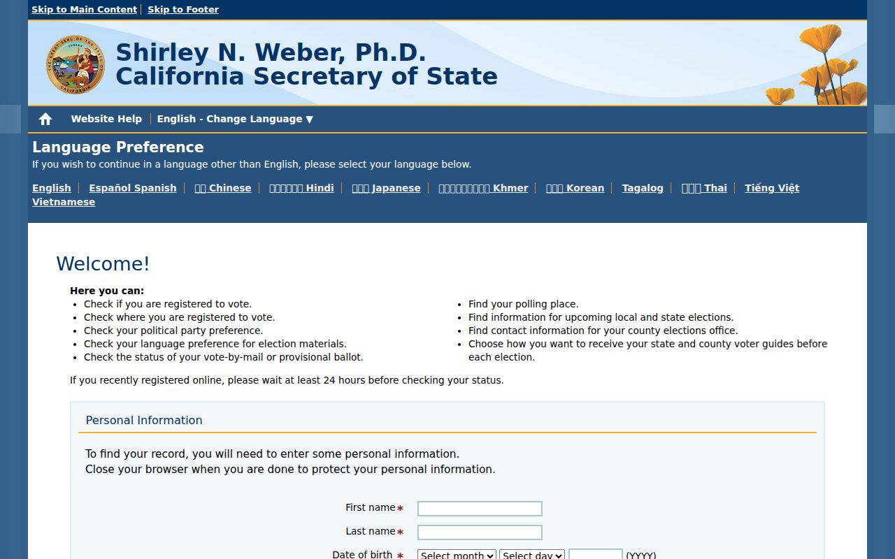 San Luis Obispo voter records status lookup on the California Secretary of State website