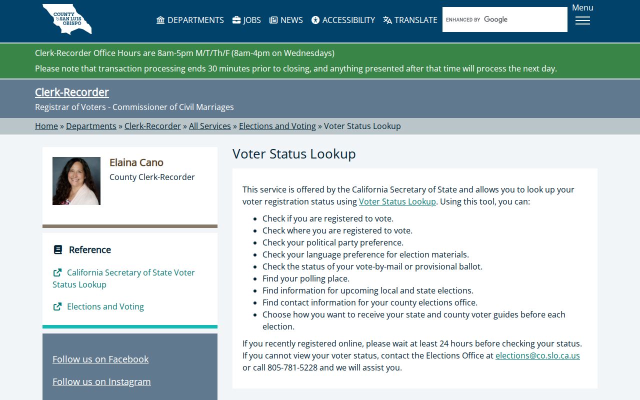 San Luis Obispo voter records page linking residents to the state registration lookup